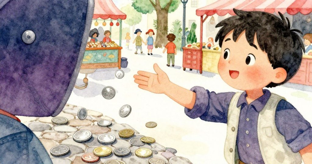 歌手跪下伸手撿拾散落硬幣,手部動作與閃爍硬幣成焦點,展現溫柔與專注的情感。