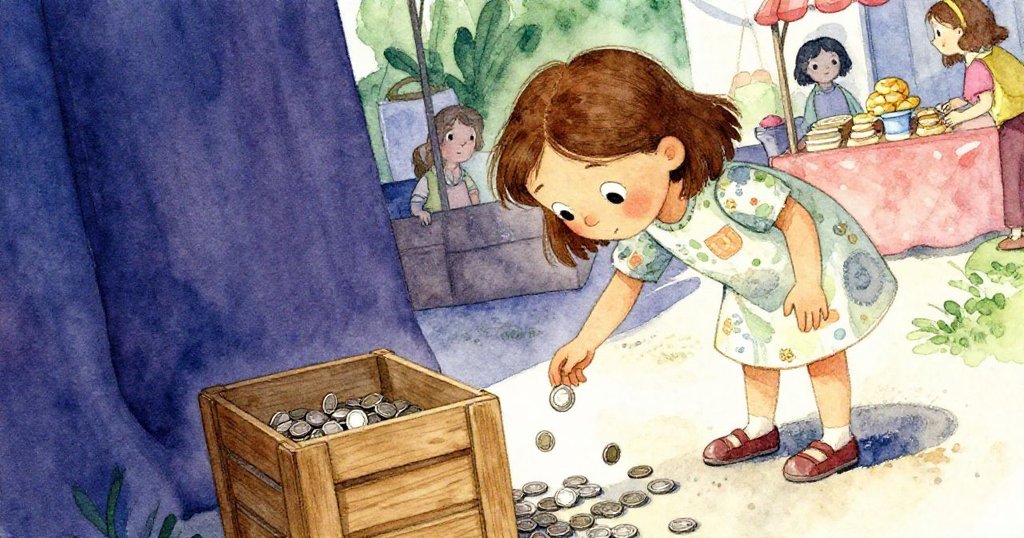 艾瑪在市集中忙著幫忙撿硬幣,發現一枚隱藏於木箱下的硬幣,畫面以傾斜視角展現動感與挑戰。