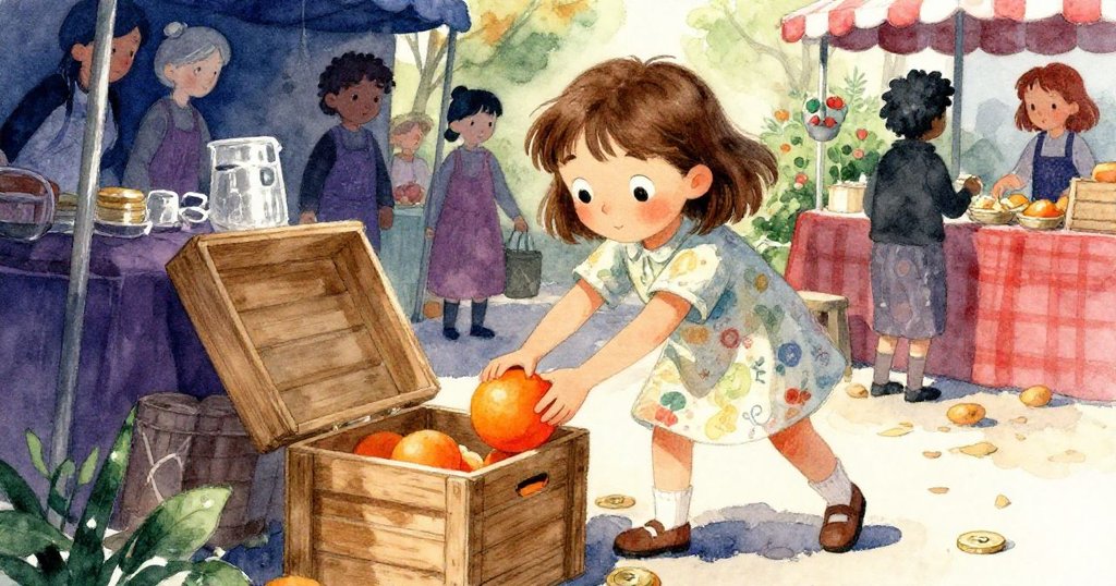 艾瑪巧妙地利用籃中橙子推動隱藏於木箱下的硬幣,畫面呈現秋日溫暖光影與專注創意。