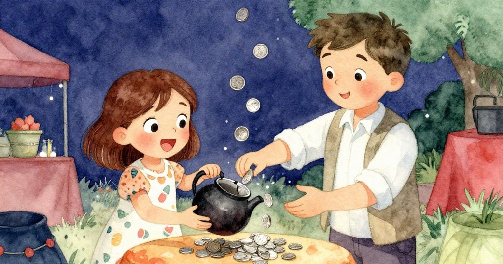 艾瑪與歌手協力合作,將散落的硬幣倒回閃亮的小水壺中,場景洋溢著喜悅與溫暖慶祝氣氛。