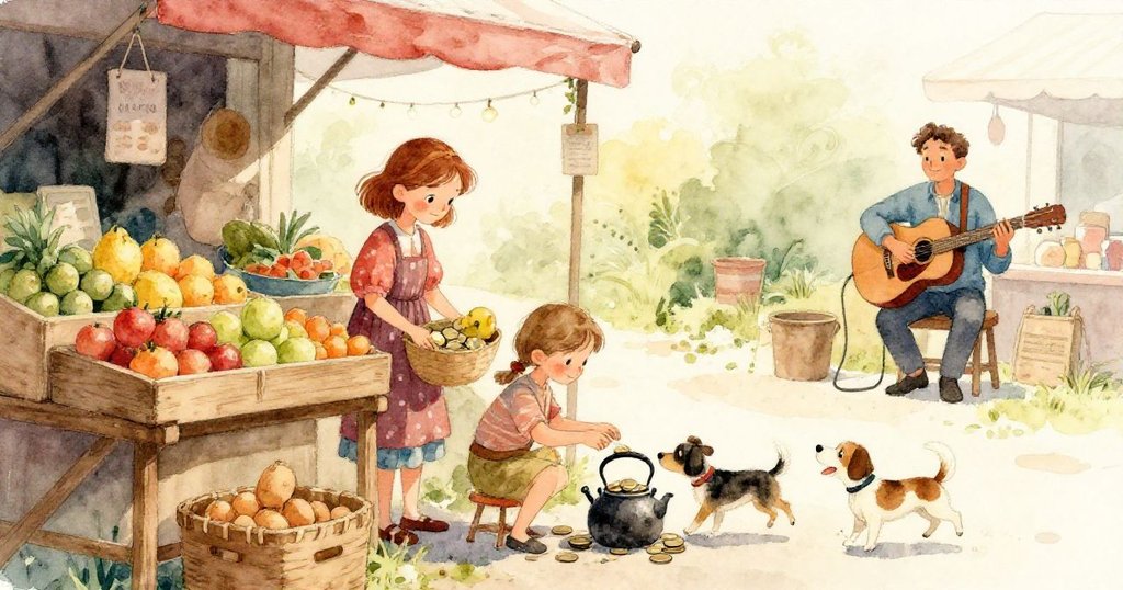 小水壺中閃耀硬幣光芒,而橙子靜靜躺在木箱下,場景沉靜中寓意著一天冒險後的溫柔結局與反思。