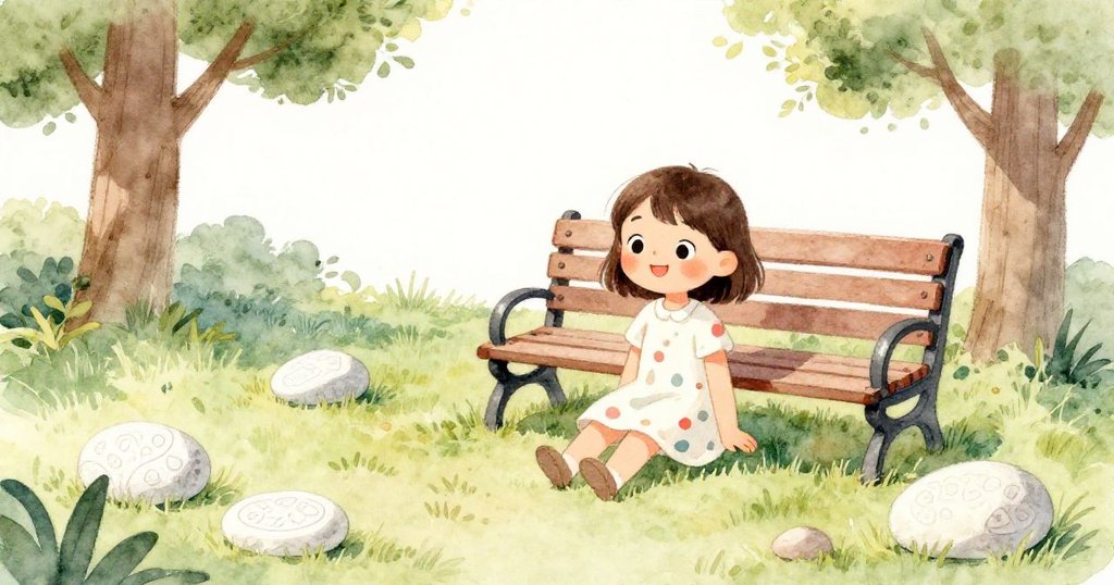 Mina在陽光明媚的公園中坐著，環境有綠樹、長椅和石頭，神情寧靜，展現故事開端的溫暖氛圍。