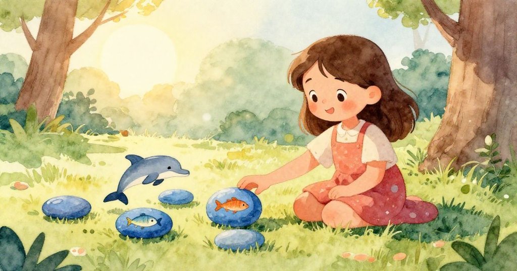 Mina的手輕觸刻有海豚圖案的石頭，細膩表現出石面紋理，傳達出發現美妙細節的驚喜。