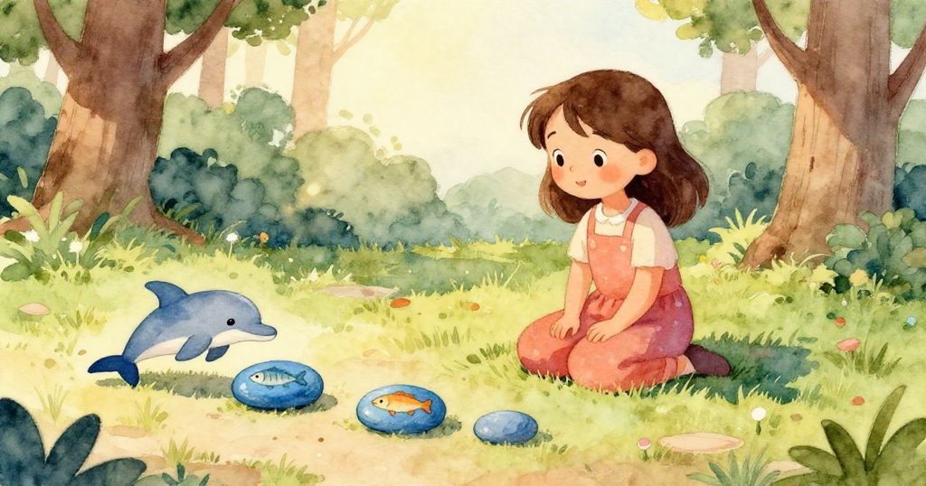 Mina注視著池塘中金色小魚在水面上舞動，水波蕩漾中映出藍天光影，展現故事中自然奇景。