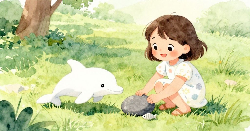 Mina在夏日公園中微笑著將海豚石和魚石分別放在左右，綠草與花朵襯托出快樂與溫暖的感受。