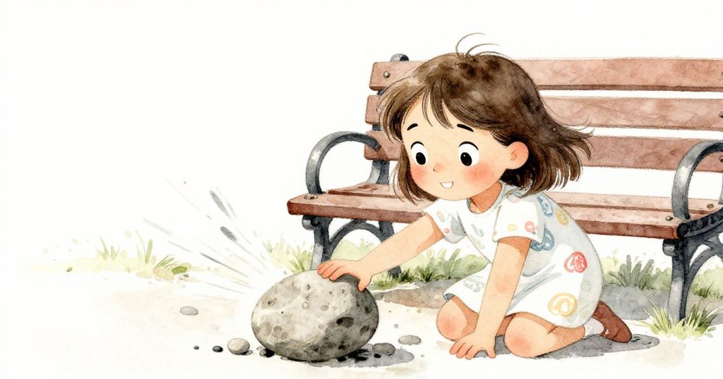 Mina蹲在長椅旁，專注地伸手抓取被風吹滾走的石頭，表情充滿驚喜與堅毅，生動呈現故事高潮。