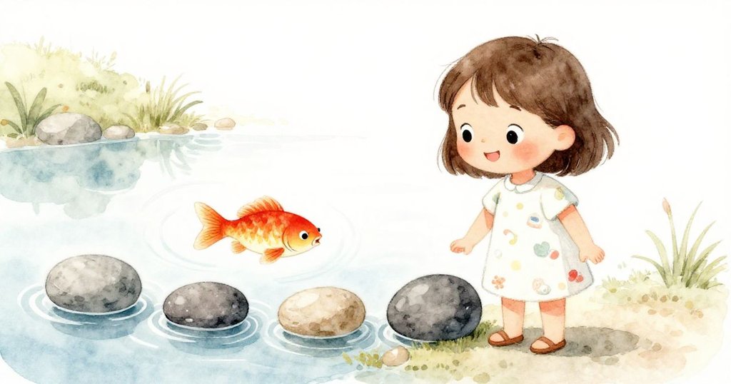 Mina滿心喜悅地在池塘邊整理石頭，四塊石頭整齊排列，金色小魚靜靜游於水中，展現出故事圓滿結局。