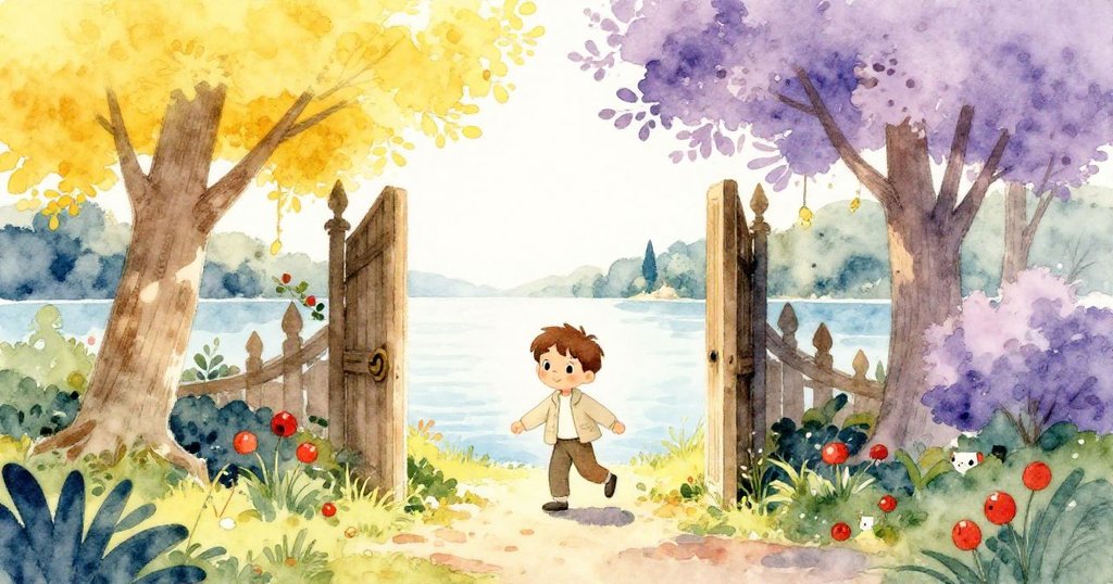 Milo 穿著輕便外套走在湖邊入口處，小路兩旁綠意盎然，晨光柔和，臉上帶著期待與興奮。