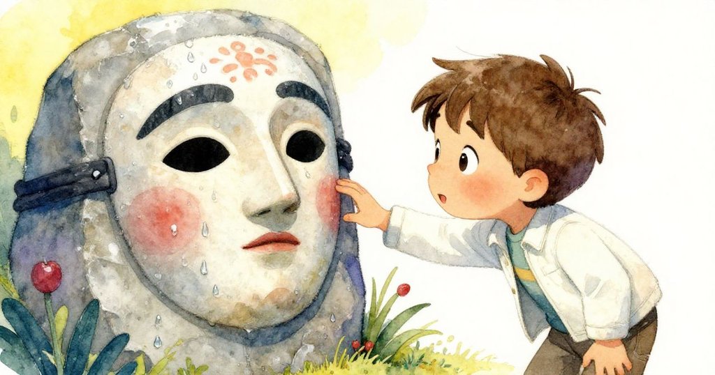 Milo 小心翼翼地俯身觸摸石頭上滴水的面具，面具黑色帶子散發著濕潤光澤，充滿好奇與驚奇。