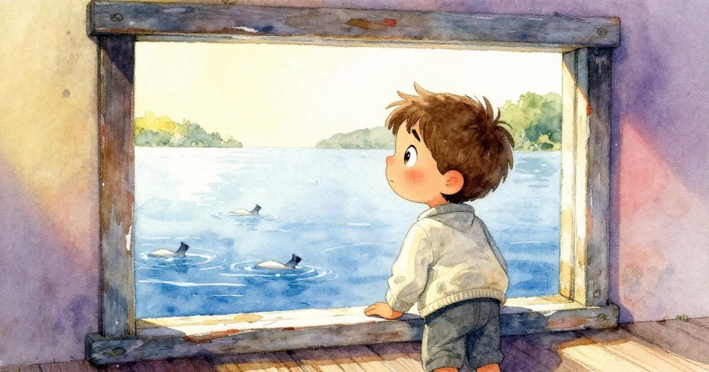 Milo 從破舊木窗望向湖面，看到水中閃爍著像潛水鳍的扁平印記，眼中充滿驚奇與好奇。