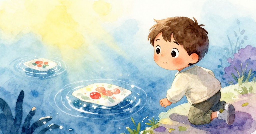 Milo 靠近清澈湖水，凝望下方水中藝術般的印記，水光閃爍，表情專注而好奇。