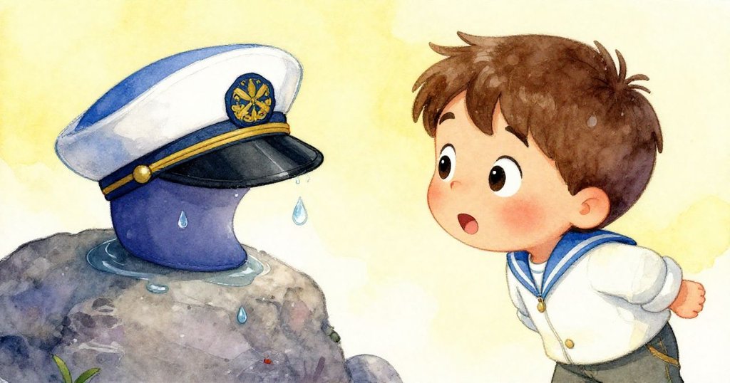 Milo 驚喜地注視濕潤岩石上那頂藍色水手帽，水滴連連落下，氣氛充滿神秘與期待。