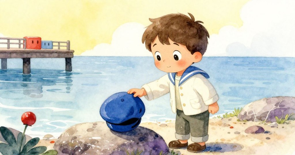 Milo 微笑著在靜謐碼頭邊拾起藍色水手帽，彷彿自然贈予一份珍貴禮物，心中滿是喜悅與溫暖。