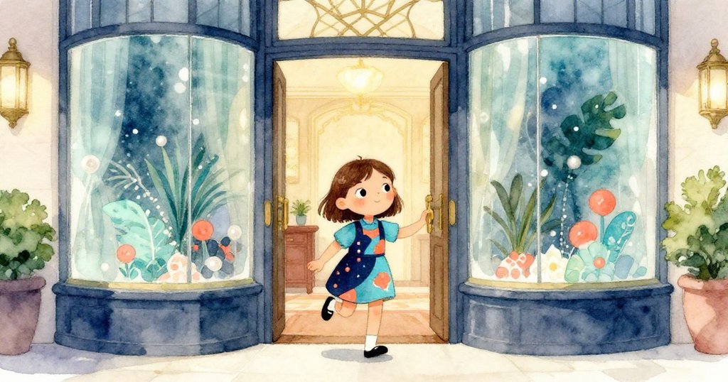 莉娜走進大廳,透過寬闊玻璃窗映出溫暖光線,表情充滿好奇與期待,旅程剛開始展現新世界。