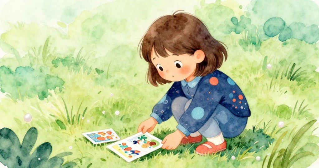 莉娜在草地上輕輕拾起飄落的彩色卡片,神情專注,背景呈現溫暖自然光影,充滿發現新奇的興奮感。