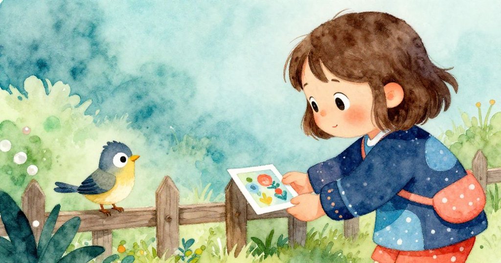 鳥瞰視角下,莉娜在低矮籬笆旁拾卡,細節豐富,一隻小鳥靜靜觀察,增添神秘且詩意的氛圍。