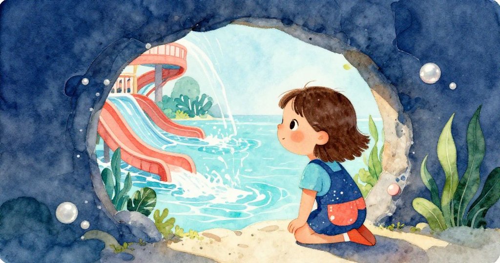 莉娜跪在牆上低圓洞前,凝神探視內部展現海洋公園水滑梯及飛濺水花,臉上充滿驚奇與喜悅。