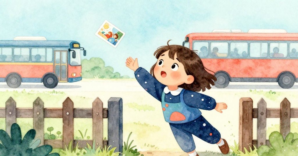 莉娜在低籬笆狹縫旁奮力伸手抓取飄落卡片,背景中彩色巴士緩緩行駛,展現出挑戰與專注的難忘瞬間。