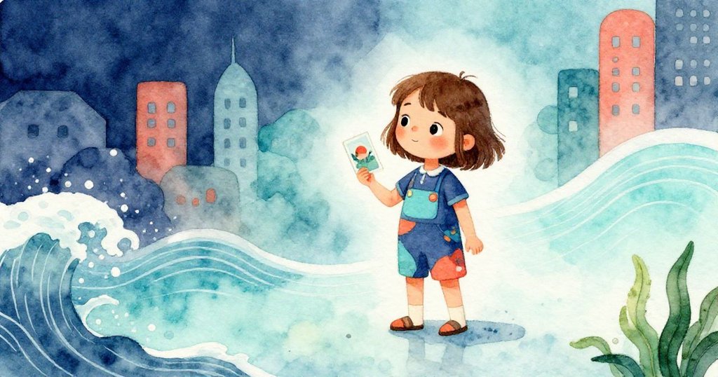 莉娜站在充滿象徵意義的環境中,手握彩卡,臉上洋溢著喜悅與沉思,背景融合城市輪廓與柔和波紋,預示著旅程的豐盈落幕。