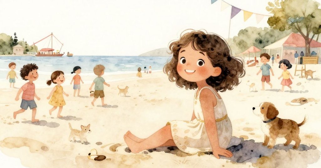 Lina坐在陽光明媚的沙灘上,周圍有家庭和小動物,海浪輕拍沙灘,她神情愉快地享受這熱鬧的海邊時光。