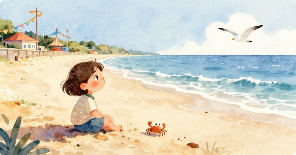 Lina遠遠觀察著一個飄浮至樹旁的彩色氣球,它輕觸樹枝,細膩的畫面呈現出期待與好奇的情感。