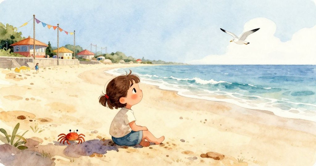 透過古老窗戶看向外面的海洋公園,Lina的剪影映入眼簾,彩旗飛舞,遠島霧氣繚繞,畫面充滿懷舊情懷。