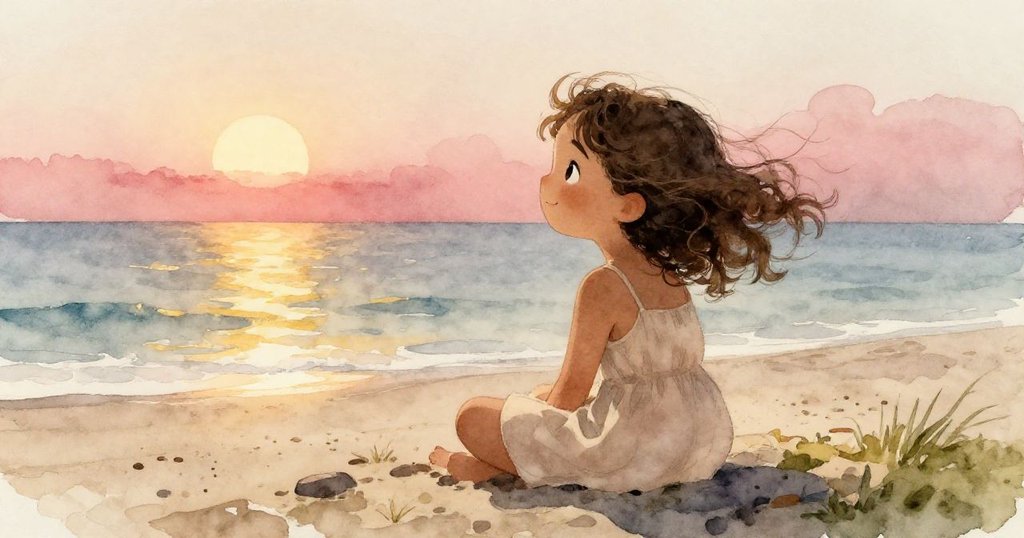 Lina在夕陽下靜坐,微風吹起她的髮絲,她凝視著海面和天空變幻的色彩,神情恬靜充滿沉思。
