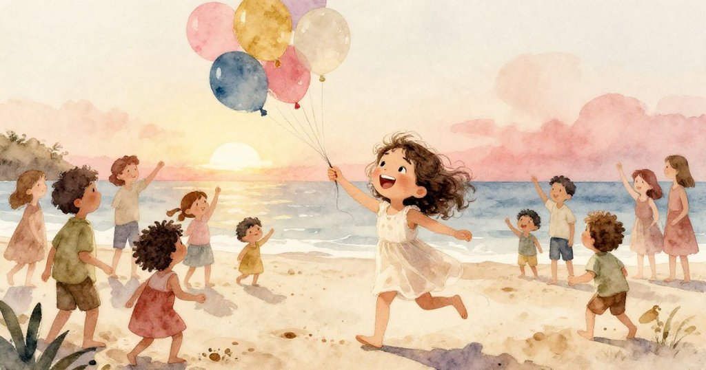 Lina與其他小朋友在海灘上歡聚慶祝,大家笑鬧奔跑,夕陽溫暖輕柔,充滿了喜悅和溫馨。