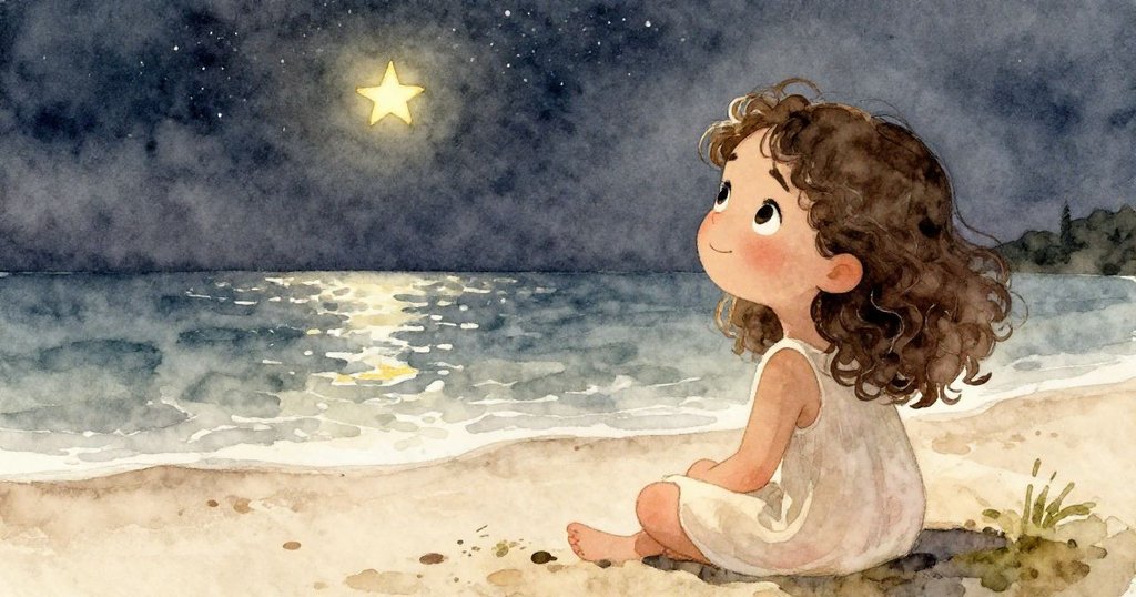 Lina在夜晚的海灘上靜坐,凝視著閃亮的第一顆星,海面銀光閃爍,畫面充滿希望與神秘意境。