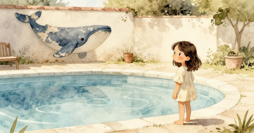 莉娜站在舊泳池旁，溫暖陽光照耀著池邊破舊的鯨魚畫作及清澈水面，充滿期待與好奇。