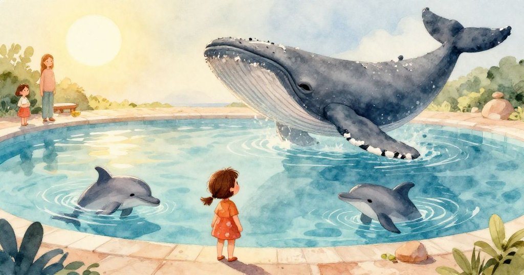 特寫展示泳池牆面破舊的灰色鯨魚畫，白鹽痕跡與剝落細節，表達時間流逝的溫柔故事。