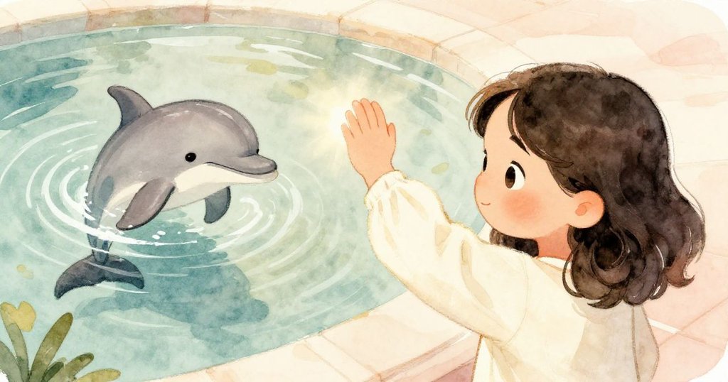 從高處俯瞰莉娜輕輕捲起袖子躲避泳池玻璃上反光，眼神中既有思索又帶著微笑，下方海豚悠遊增添活力。