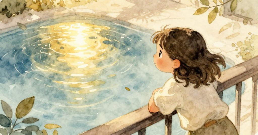 從高處觀望，莉娜背對觀眾好奇地俯身探看陽光下水面的閃爍光影，周圍自然環境靜謐舒心。