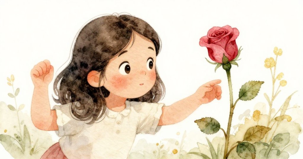 莉娜低頭仔細觀察鞋邊綠莖上緊閉的玫瑰花苞，眼中充滿驚奇與柔情，展現細膩探索的瞬間。