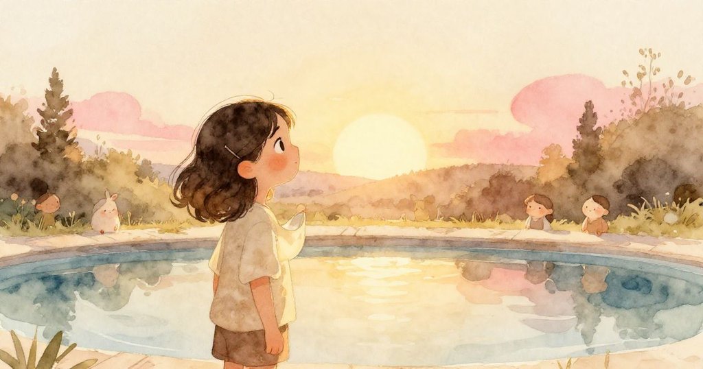 夕陽餘暉映照下，莉娜在泳池邊靜立，柔和金光灑滿水面與周圍環境，滿懷安寧期待未來。