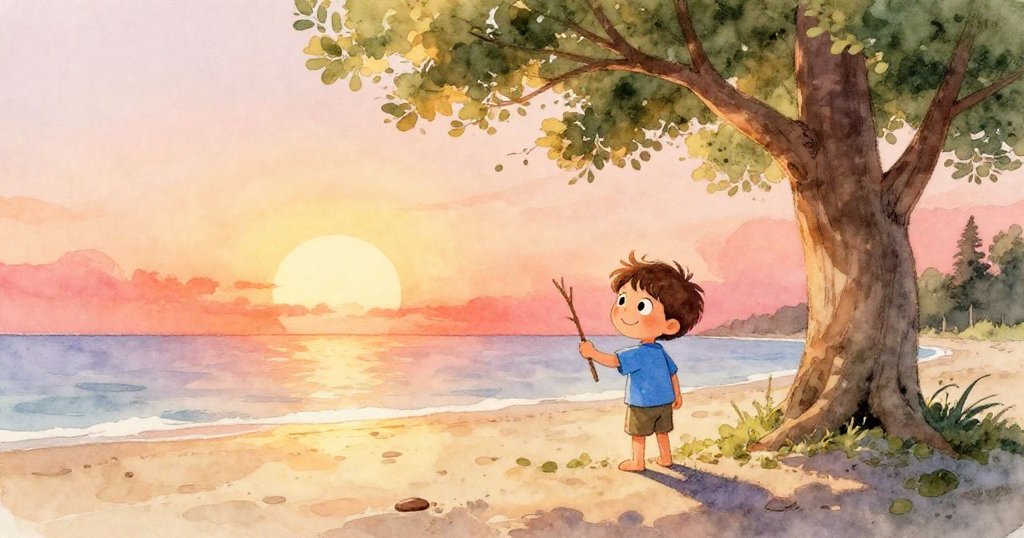 Luca在金色夕陽下的沙灘上撿起木棍，背景有高大樹蔭和寧靜海浪，展現探索與歡愉的旅程開始。