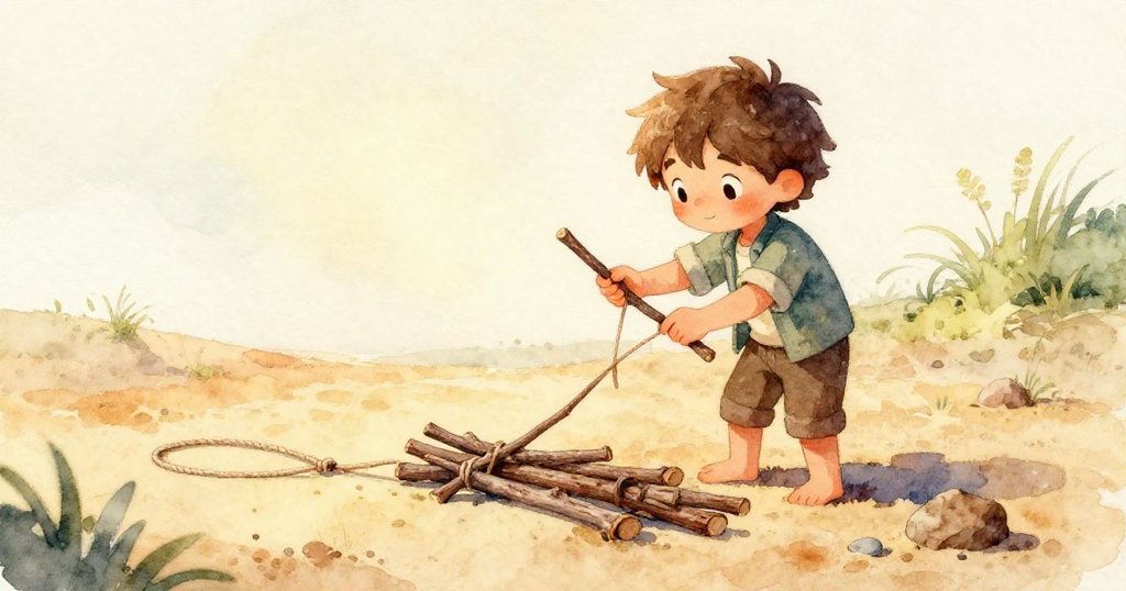 Luca聚精會神地用繩子綁著樹枝，他的小手努力調整結扣，畫面細節豐富呈現製作木筏的初步過程。