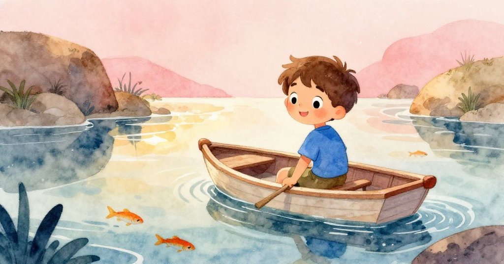 Luca在寧靜的海灣中注視著漂浮的木筏，水面映出他好奇的臉龐和活潑金色小魚，展現探索的樂趣。