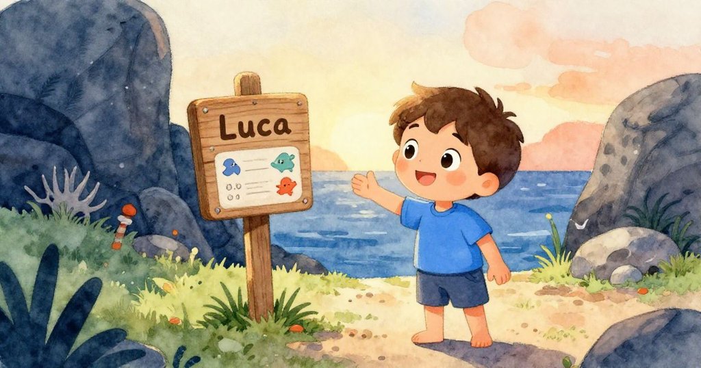 Luca走到一個隱蔽海灣，驚喜地觸碰海洋公園指示牌，背景出現岩石和綠意，展現冒險的新環境。