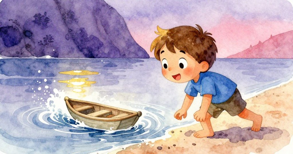 Luca屏息注視著木筏被微波輕推旋轉，他的臉上既緊張又興奮，展示冒險中瞬間的懸念與期待。