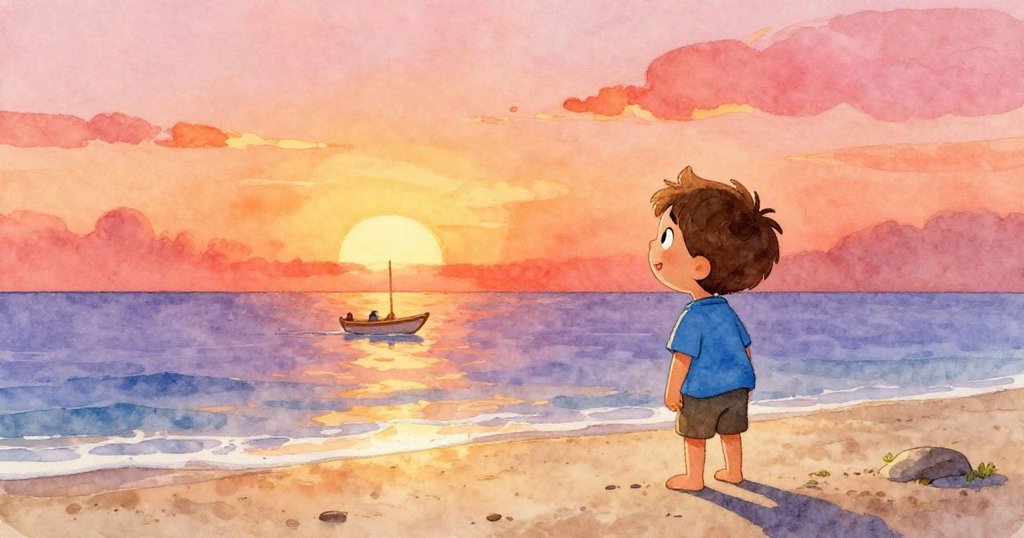 在溫暖夕陽下，Luca微笑著觀看小木筏順著海浪漂遠，金光映照沙灘和海面，展現成功與滿足的結局。