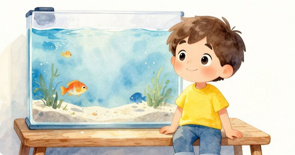 Leo 坐在木椅上看水族箱，房間晨光微霧中彩魚穿梭，展開故事開端與期待冒險