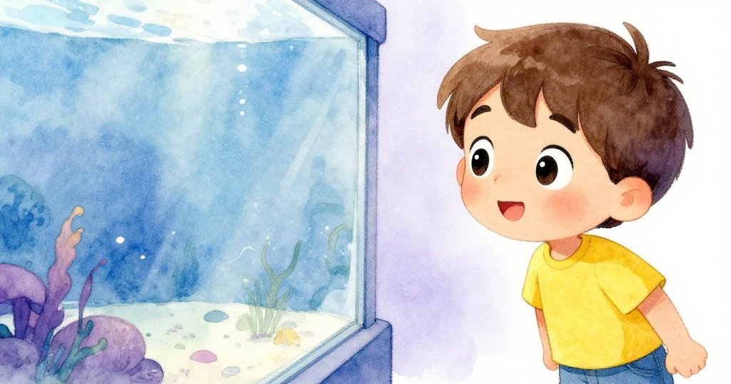 Leo 近拍臉龐顯露驚奇好奇神情，凝望水族箱中反光變幻，敘述發展邁向探索