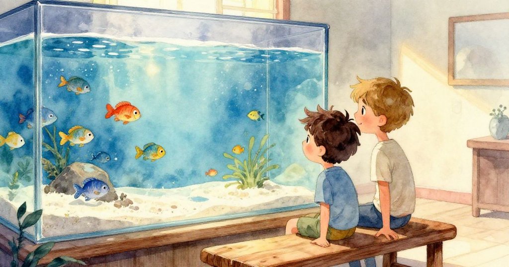 從高處俯瞰呈現模型沙灘，貝殼與水草在柔光中互動，敘述中段景致漸入佳境