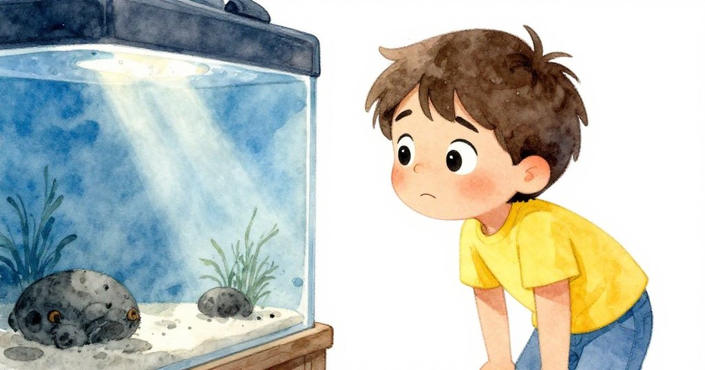 Leo 面對水族箱反光變幻，表情認真略帶掙扎，展現內心矛盾與探索挑戰的動人一刻