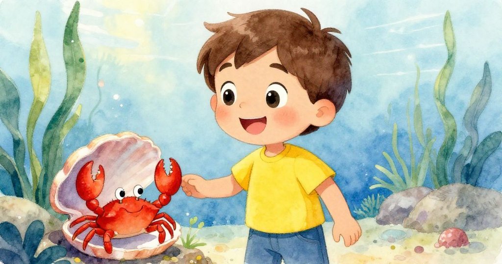 Leo 微笑看著小螃蟹靠近貝殼，水族箱恢復平靜與溫馨，敘事迎向美好結局