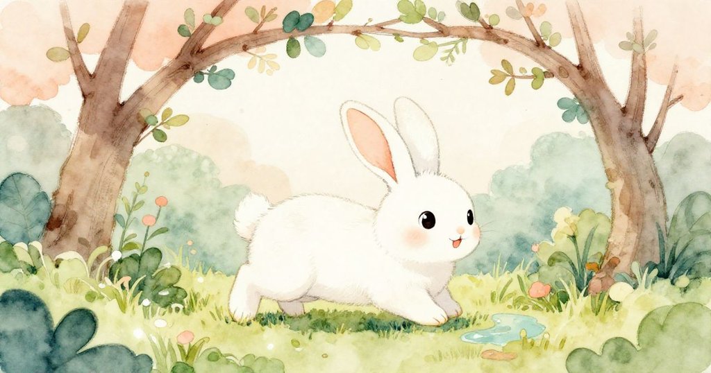 在晨光中Bunny踏入花園入口，穿過綠意盎然的枝葉，水窪閃耀，表情充滿好奇與期待。