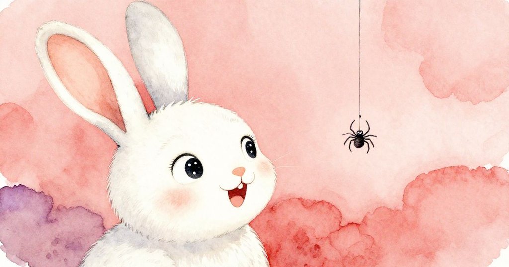 Bunny凝神注視懸掛蜘蛛，眼神充滿好奇與興奮，背景柔和，展現晨光中細膩情感。