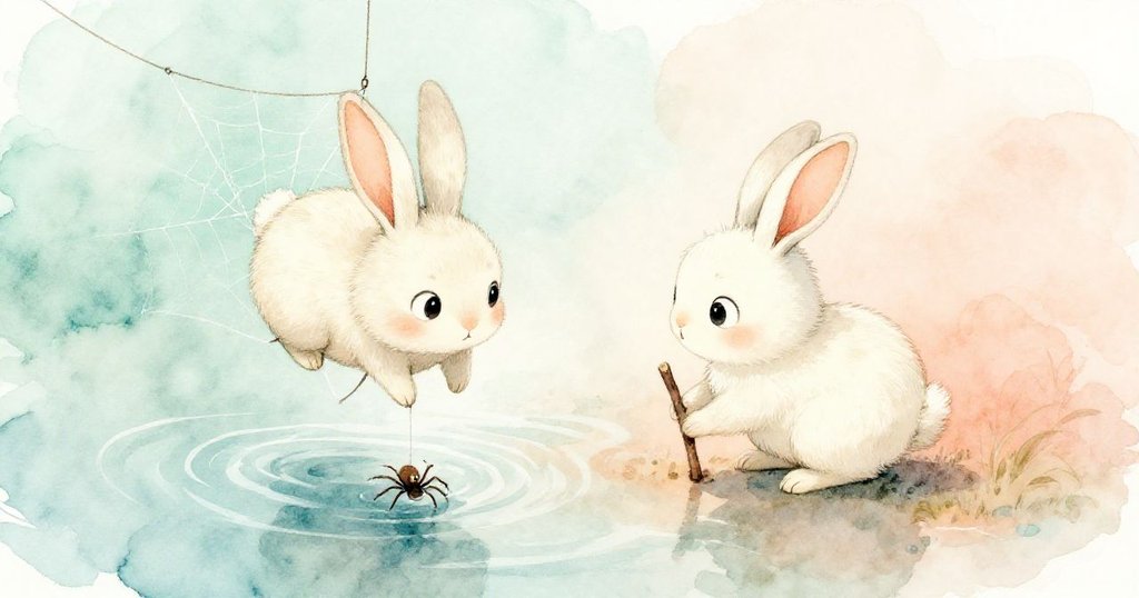 高角度俯視展現Bunny發現短木棒，蜘蛛懸掛水面上，晨光灑落草地，情景溫馨且充滿期待。