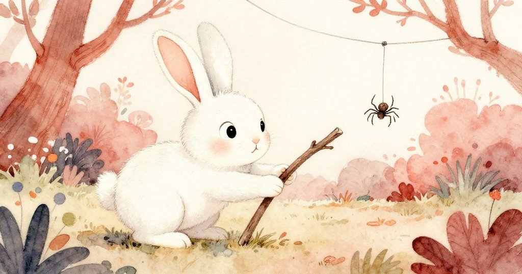 在戶外花園中Bunny推動短木棒幫助蜘蛛，行動溫柔而細膩，草地與花影交織出友誼情懷。